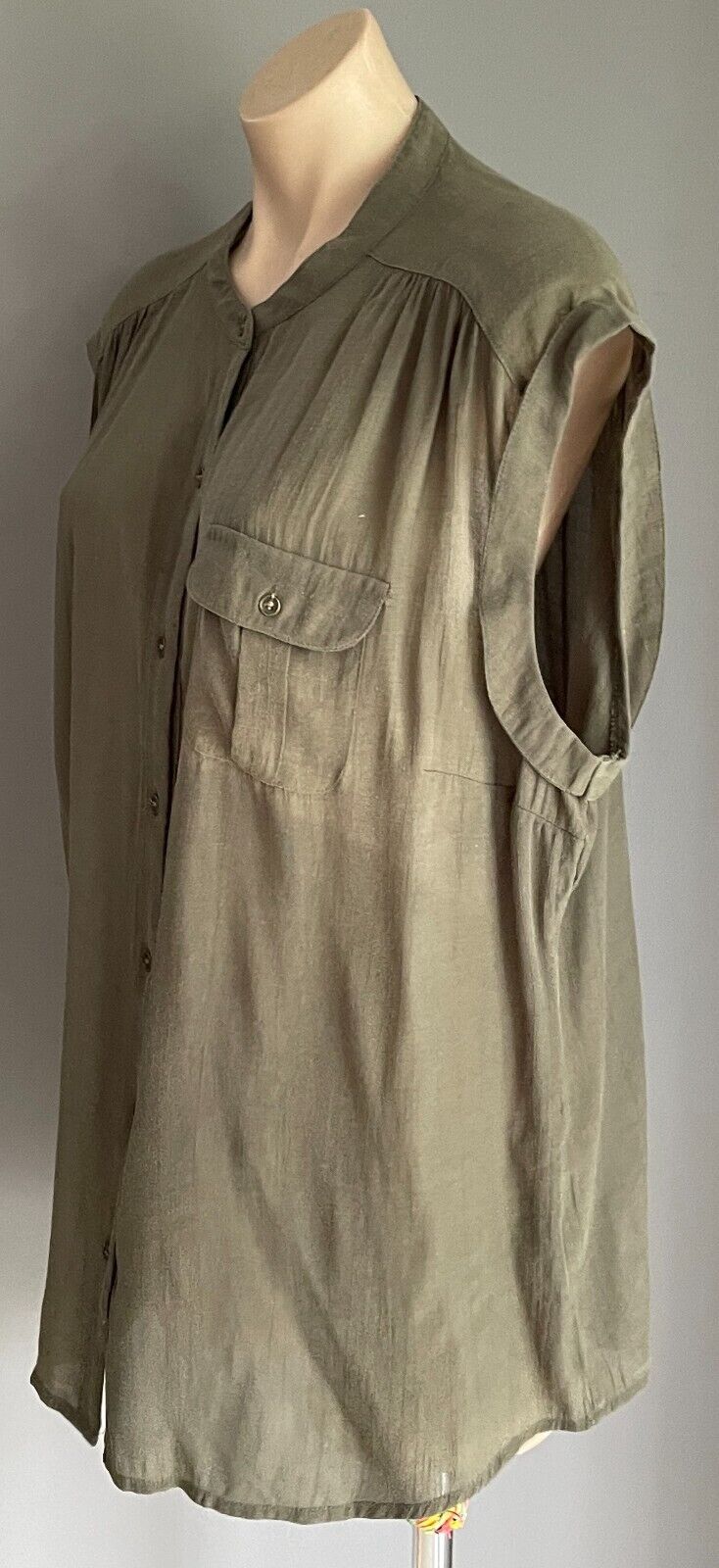 A.N.A New Approach Khaki Sleeveless Blouse Round Neck Buttons Top Size 1X 12 14