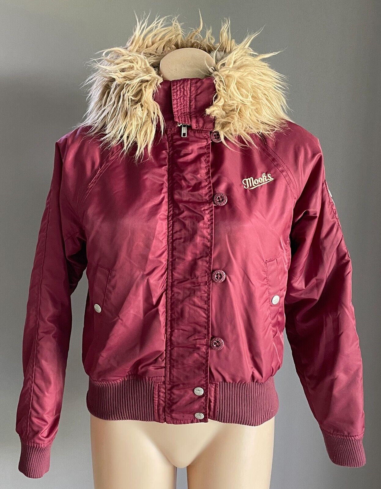 MOOKS Jacket Burgundy Bomber Long Sleeve Faux Fur Hoodie High Neck Size S 10