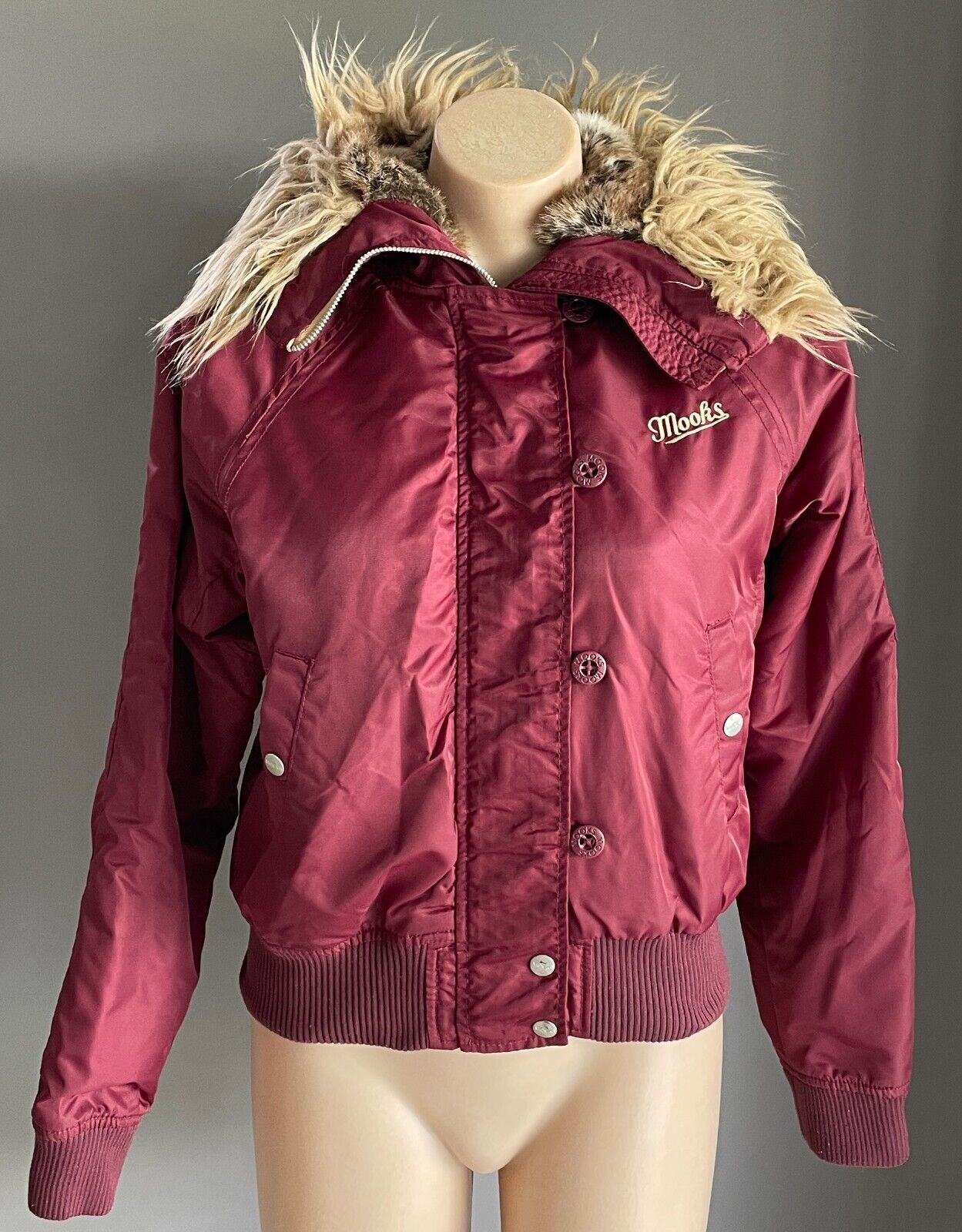 MOOKS Jacket Burgundy Bomber Long Sleeve Faux Fur Hoodie High Neck Size S 10