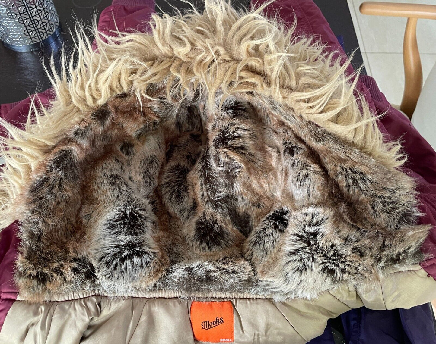 MOOKS Jacket Burgundy Bomber Long Sleeve Faux Fur Hoodie High Neck Size S 10