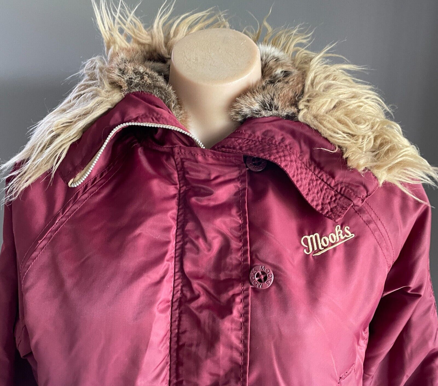 MOOKS Jacket Burgundy Bomber Long Sleeve Faux Fur Hoodie High Neck Size S 10