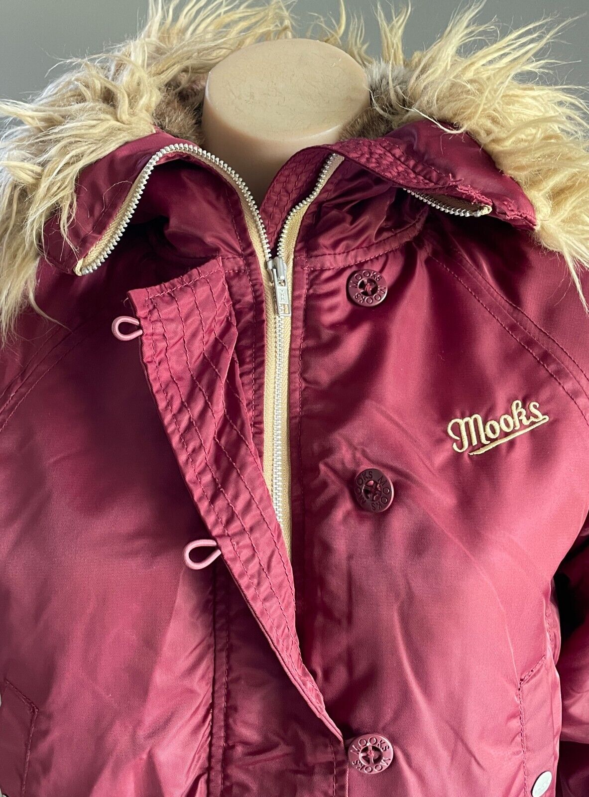 MOOKS Jacket Burgundy Bomber Long Sleeve Faux Fur Hoodie High Neck Size S 10