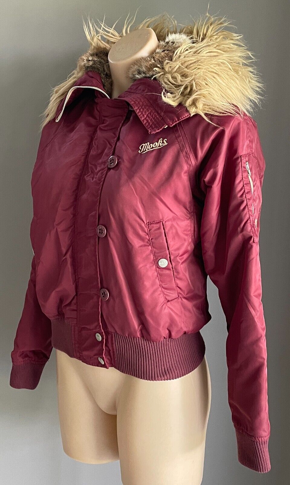 MOOKS Jacket Burgundy Bomber Long Sleeve Faux Fur Hoodie High Neck Size S 10