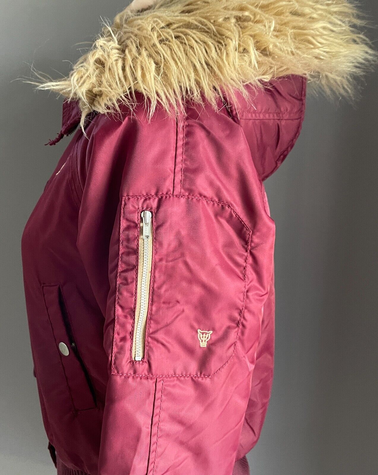 MOOKS Jacket Burgundy Bomber Long Sleeve Faux Fur Hoodie High Neck Size S 10