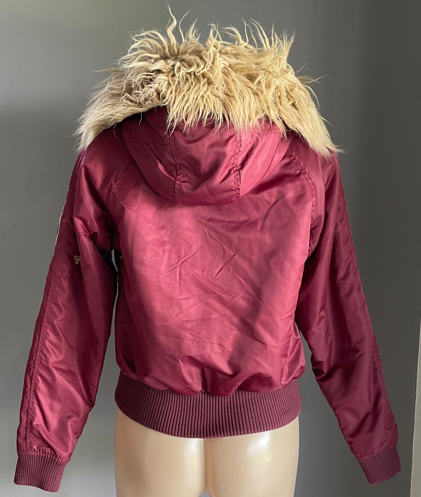 MOOKS Jacket Burgundy Bomber Long Sleeve Faux Fur Hoodie High Neck Size S 10