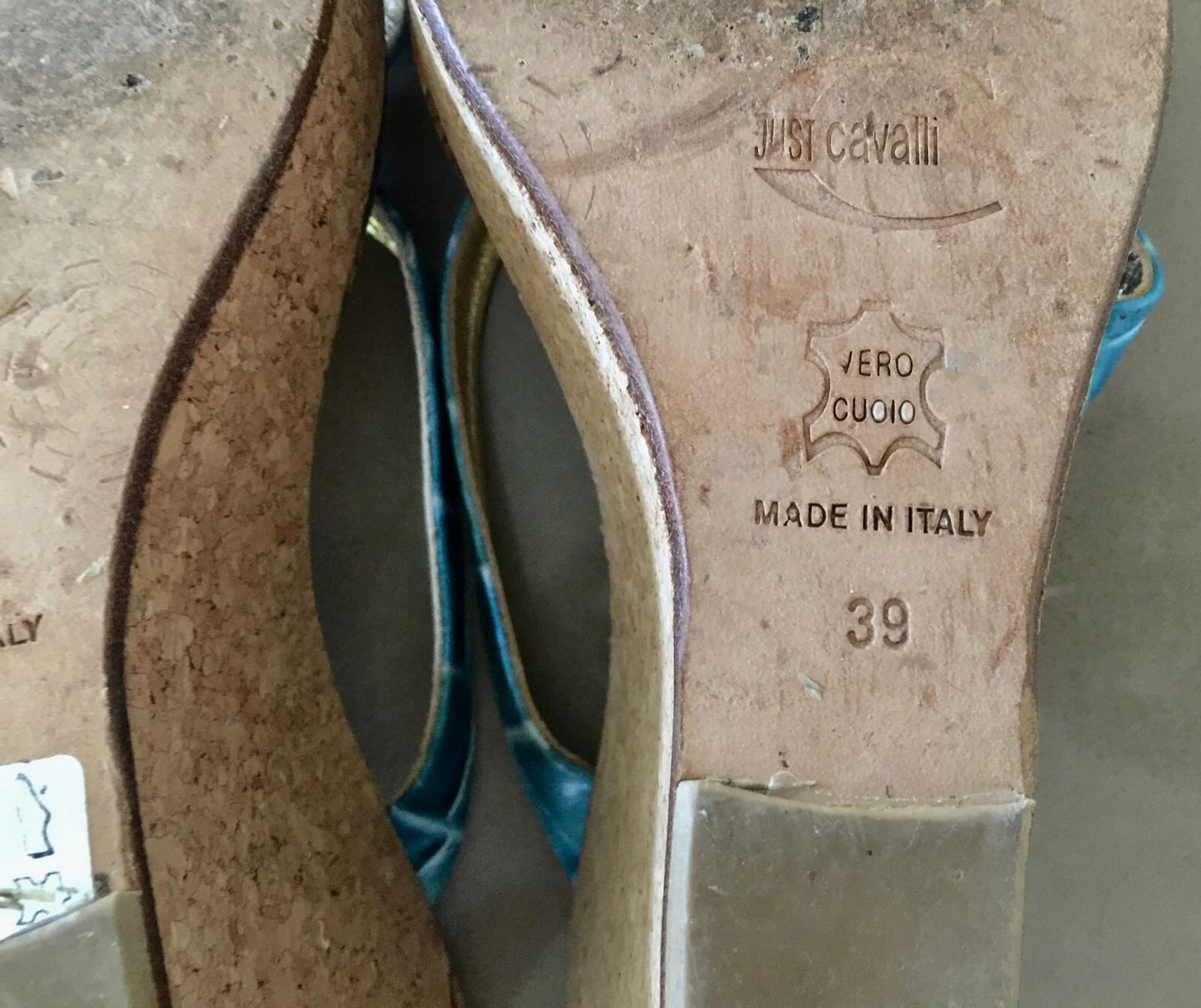 JUST CAVALLI Wedge Shoes Blue Leather Open Toe Slide Cork Ladies Size 39 Luxe