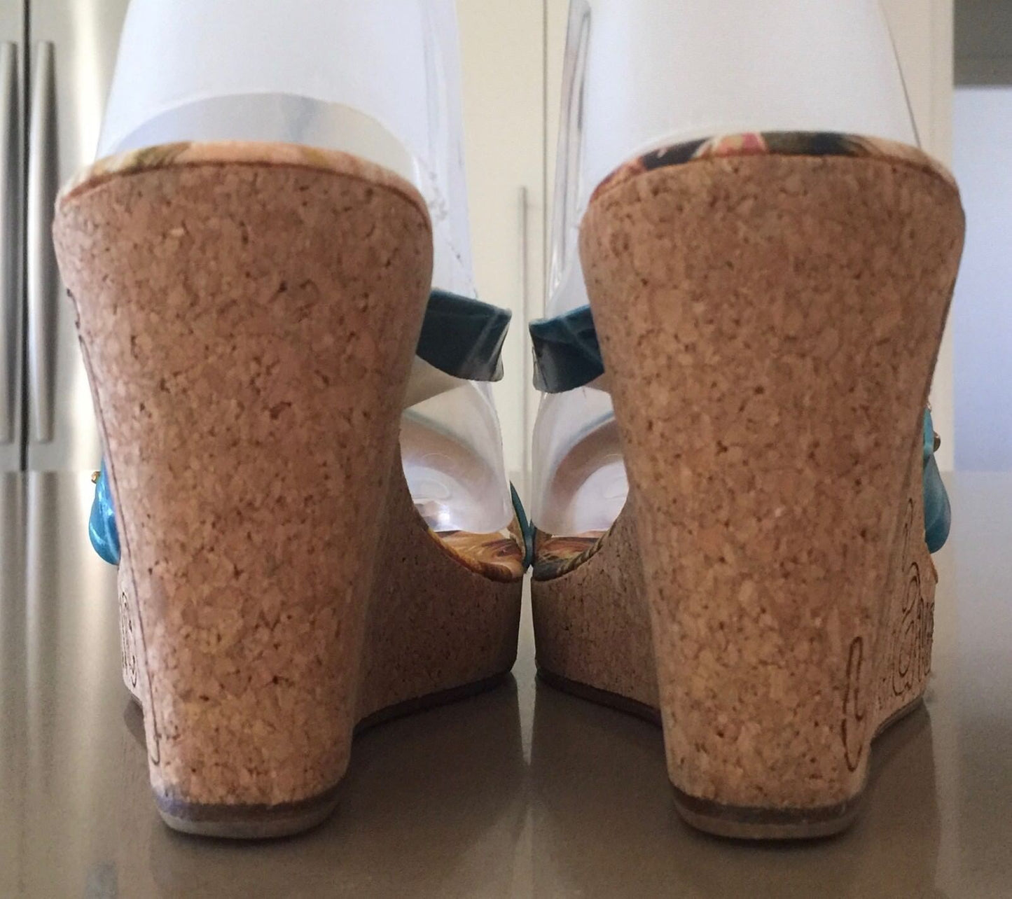 JUST CAVALLI Wedge Shoes Blue Leather Open Toe Slide Cork Ladies Size 39 Luxe