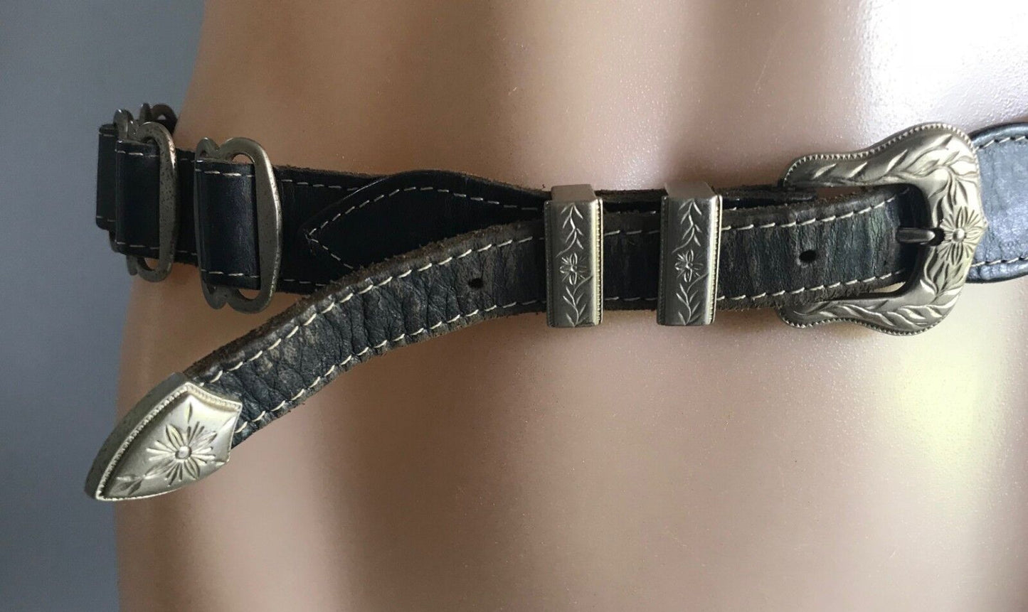 Vintage Western Style BELT Brown Leather & Silver Trim Buckles To Fit Size 12 14