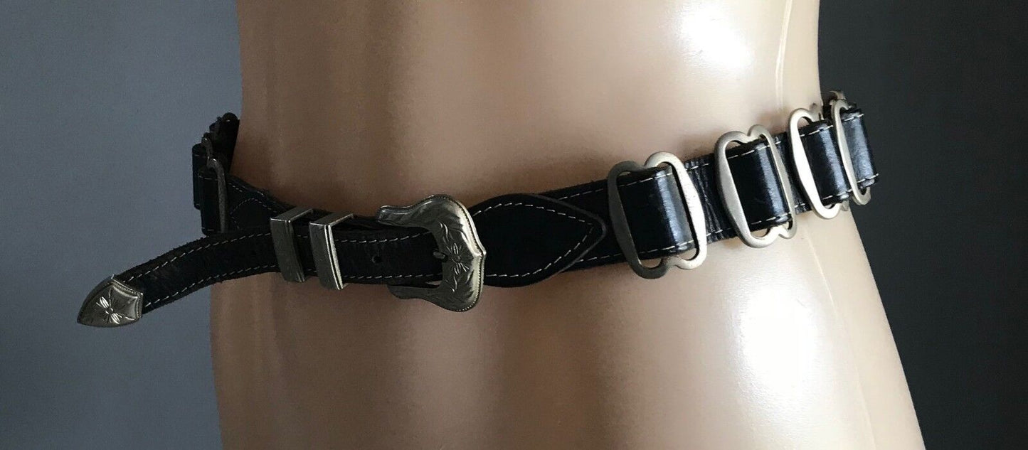 Vintage Western Style BELT Brown Leather & Silver Trim Buckles To Fit Size 12 14