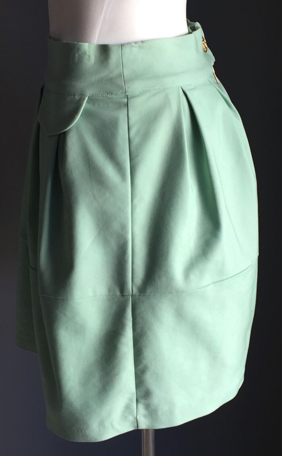 DOTTI Skirt Mini Mint Green Pouf Pleated Bell Gold Button Zip Ladies Sz 6 8 NEW