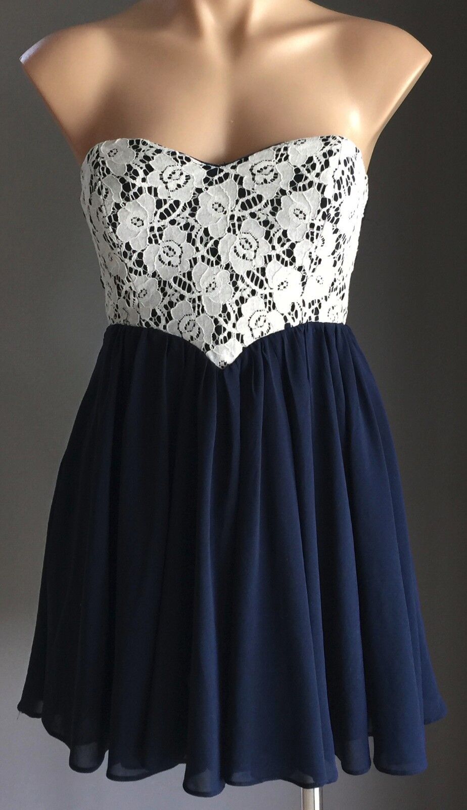 DOTTI Strapless Dress Empire Waist Size 10 Navy Blue & White Lace Stunning