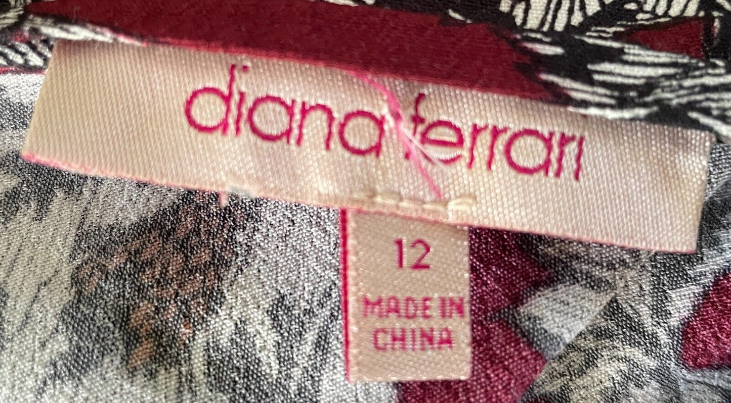 DIANA FERRARI Sheath Dress Burgundy Black White Floral Print 3/4 Sleeve Size 12
