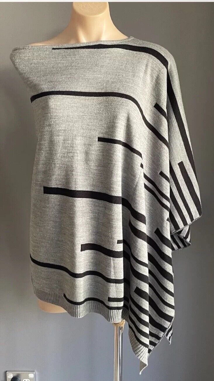 W.LANE Knit Poncho Grey & Black Stripe Diagonal Shoulder Wrap One Size 8 12