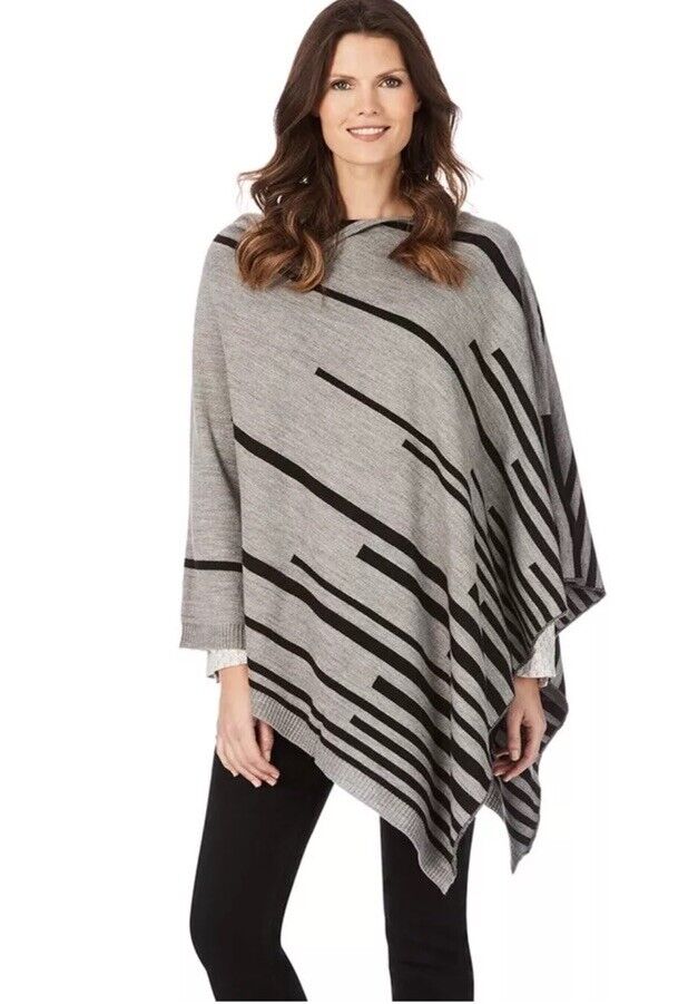 W.LANE Knit Poncho Grey & Black Stripe Diagonal Shoulder Wrap One Size 8 12