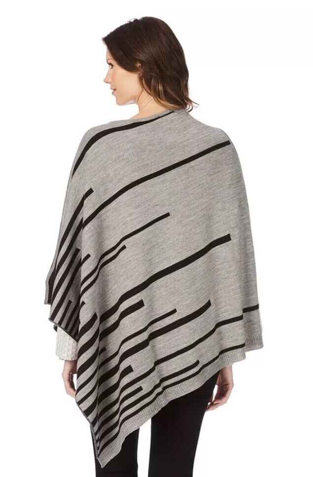 W.LANE Knit Poncho Grey & Black Stripe Diagonal Shoulder Wrap One Size 8 12