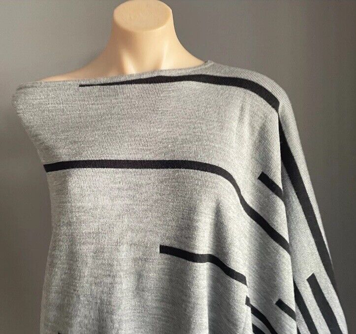 W.LANE Knit Poncho Grey & Black Stripe Diagonal Shoulder Wrap One Size 8 12