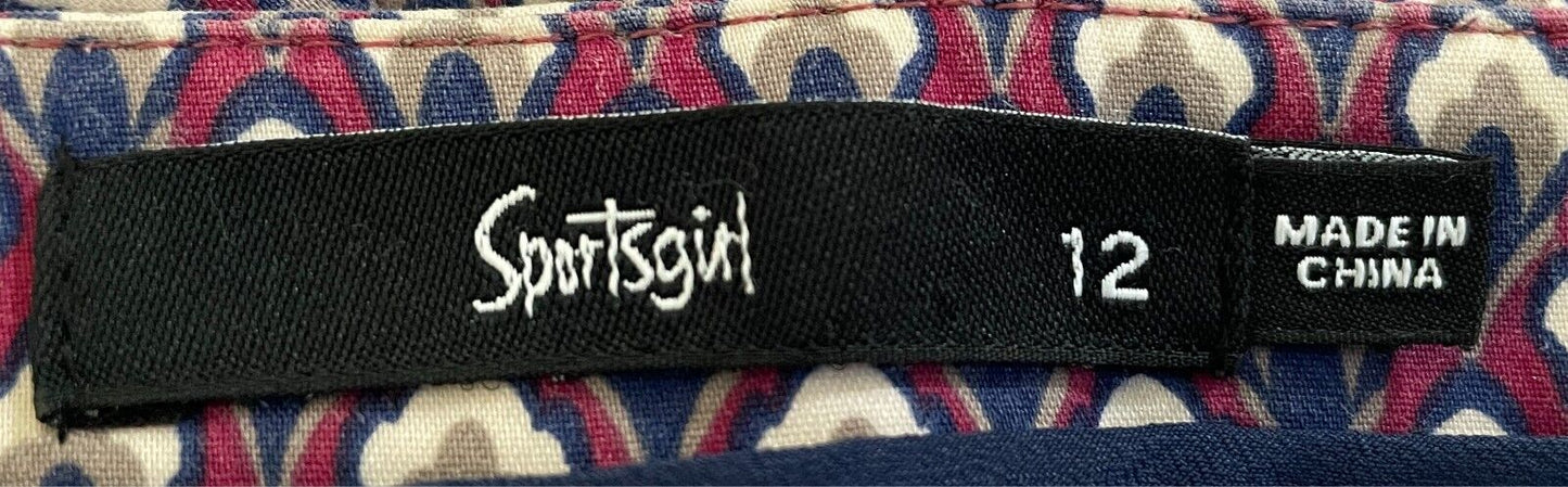 SPORTSGIRL Pants Slim Fit Dark Fuchsia Blue Taupe Cream Print Sz 12 Crop Length