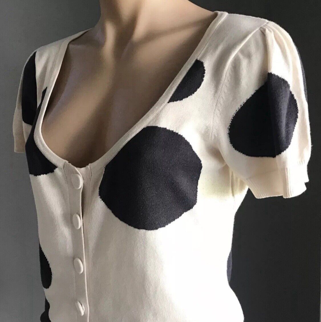 WITCHERY Cardigan Short Sleeve Off White Black Lg Polka Dot Fine Knit Top Sz 12