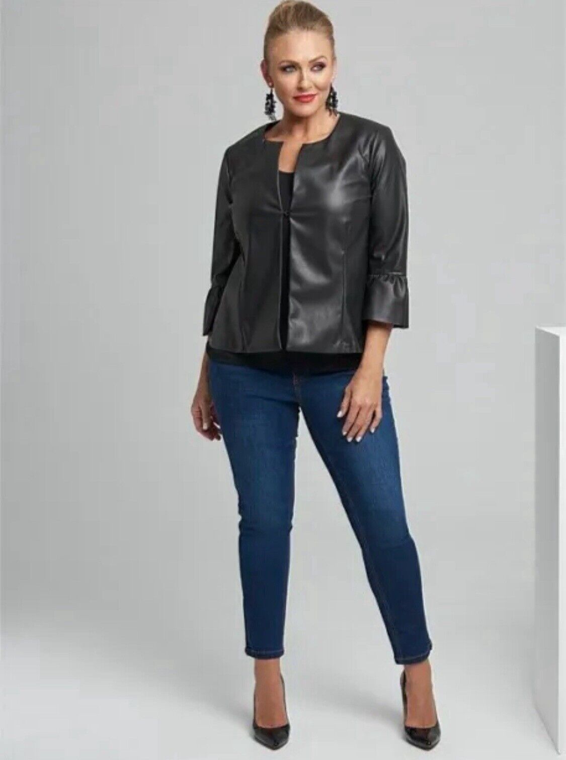TAKING SHAPE TS Jacket Black Pleather Collarless 3/4 Sleeve Ladies Plus Sz XL 24
