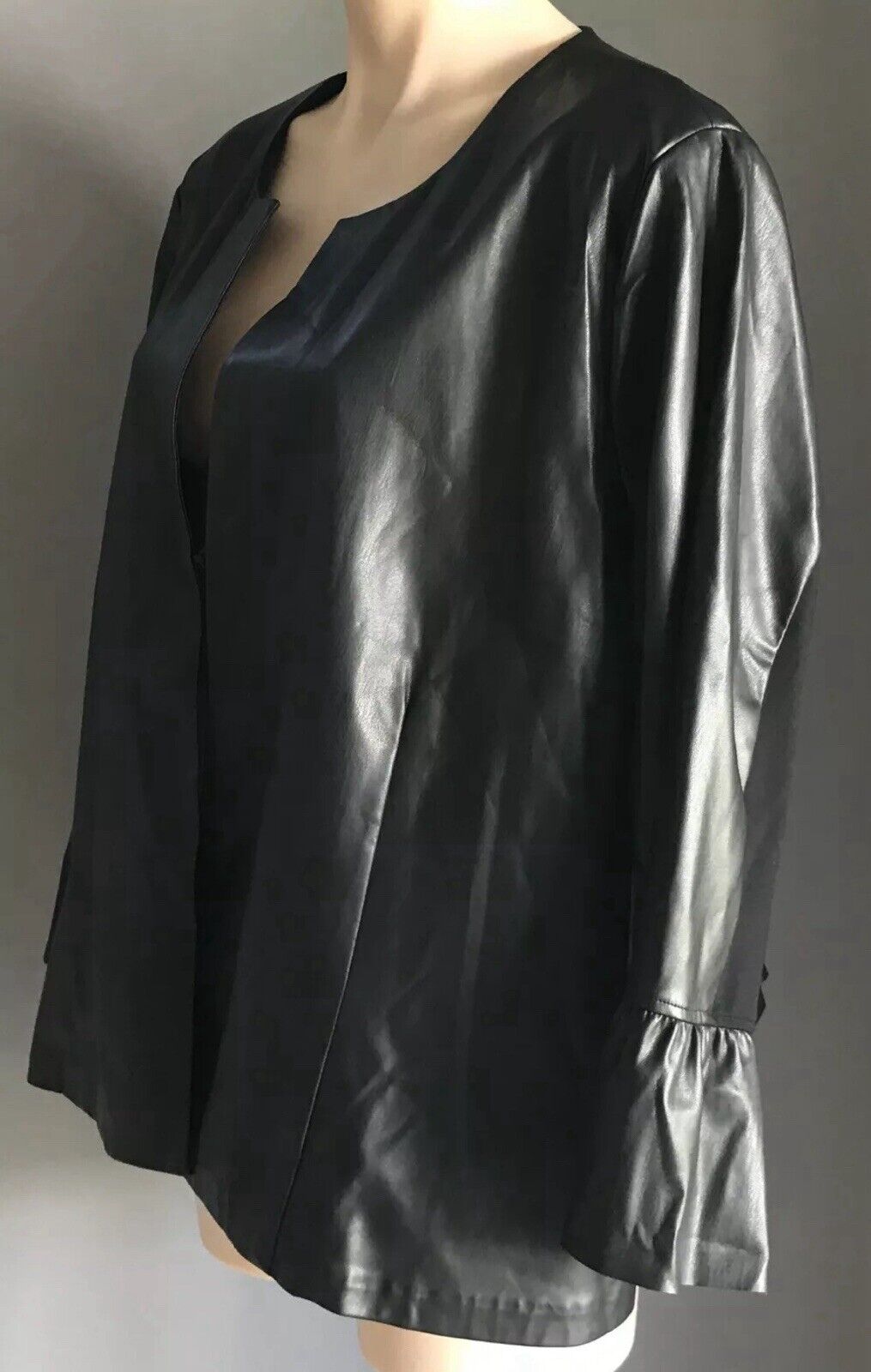 TAKING SHAPE TS Jacket Black Pleather Collarless 3/4 Sleeve Ladies Plus Sz XL 24