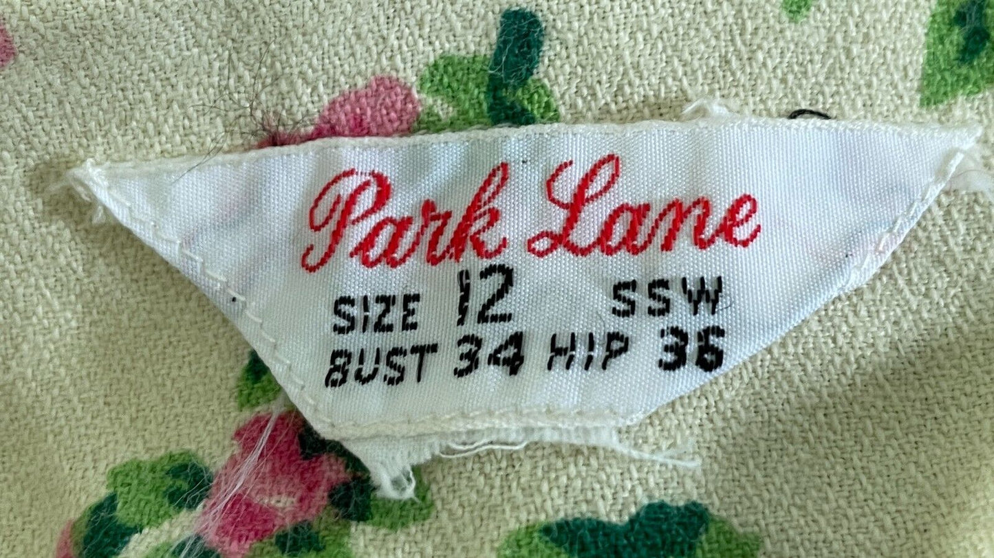PARK LANE Shirt Dress Cream Pink Yellow Green Long Sleeve Size 12 NOS Vintage
