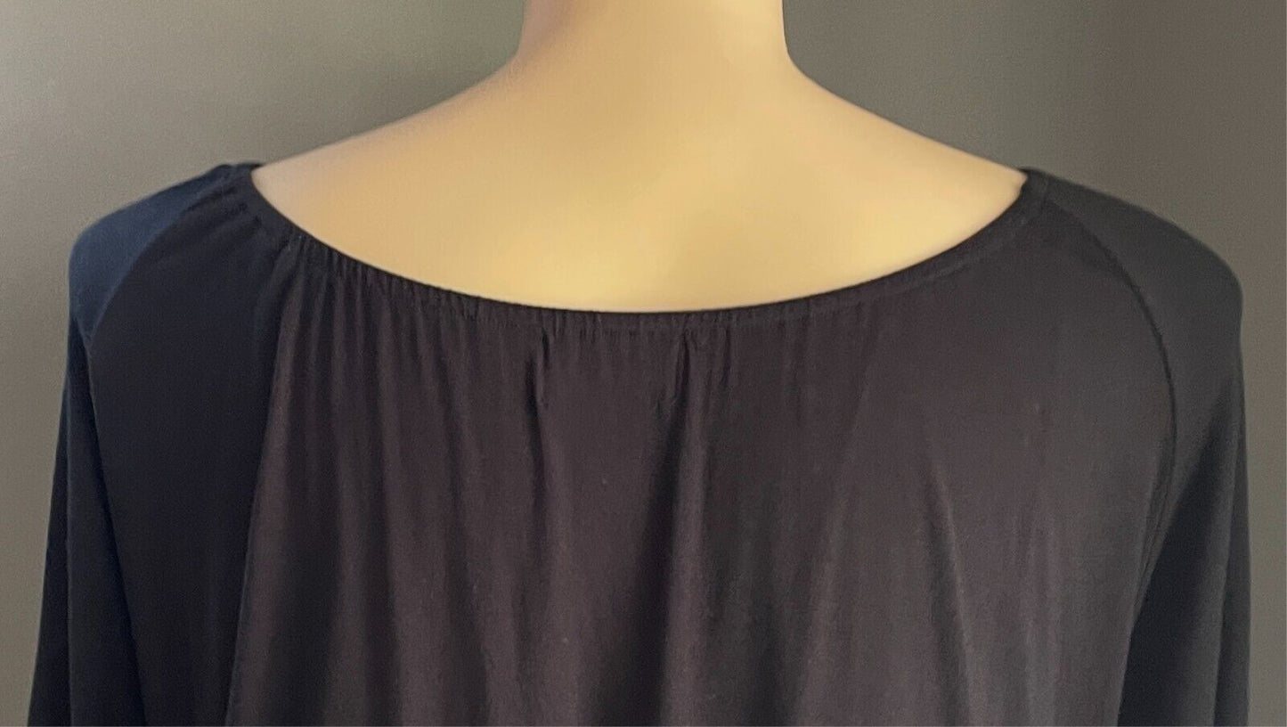 SARA Black Blouse Elastic Scoop Neck 3/4 Ruffle Trim Sleeve Plus Size 22 Stretch