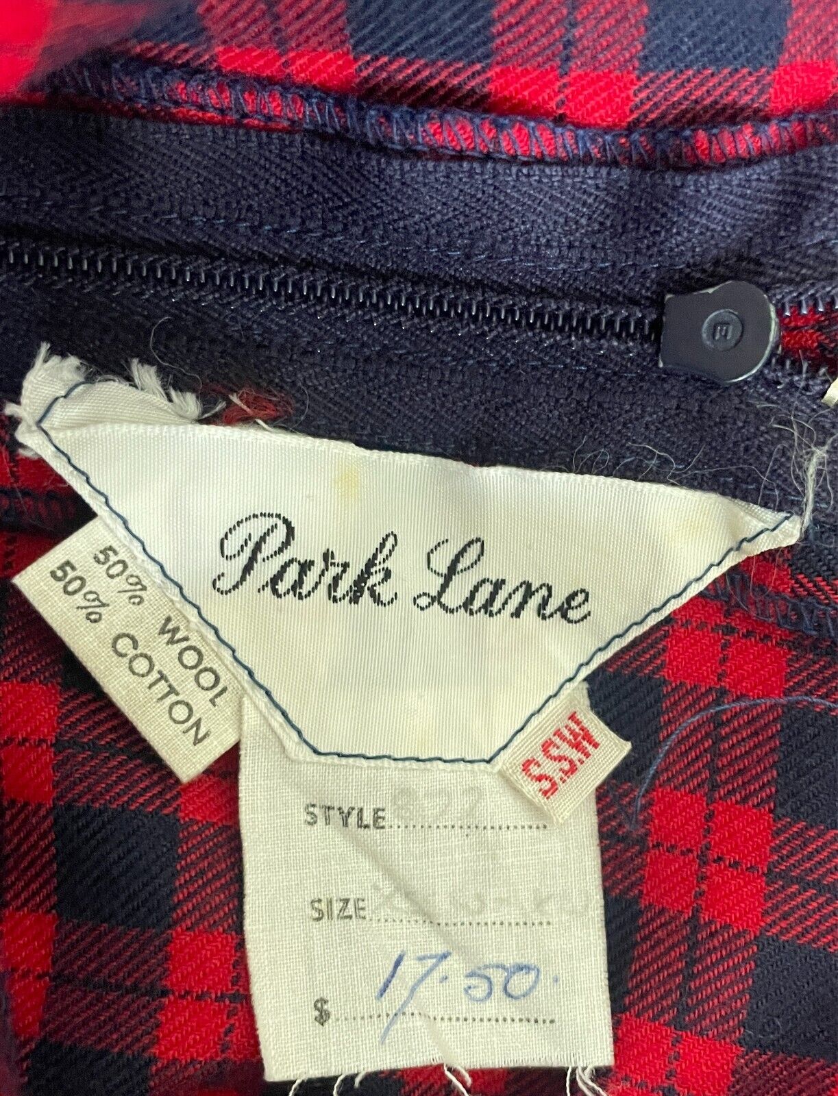 PARK LANE Red Navy Check Long Sleeve Shift Dress Size 12 SSW Wool Blend Vintage