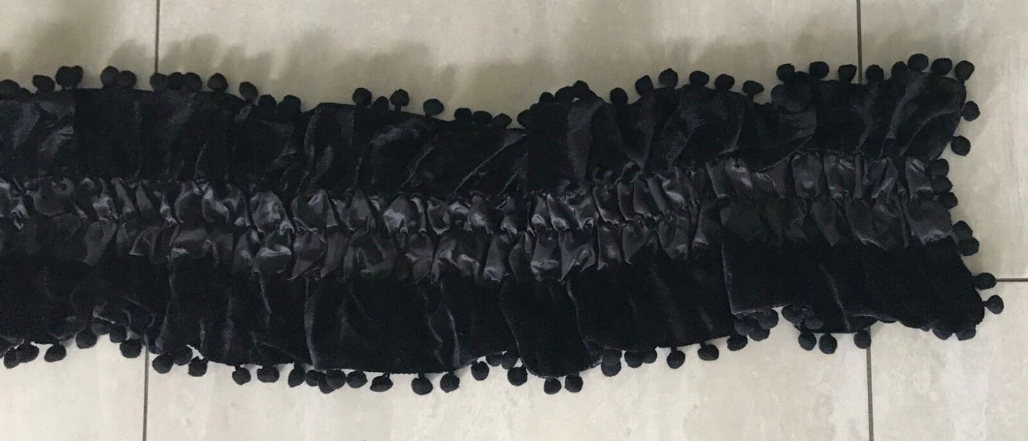 NECK SCARF Black Velour & Ruched Elastic Satin Scarf w Pom Pom Trim NEW Wrap