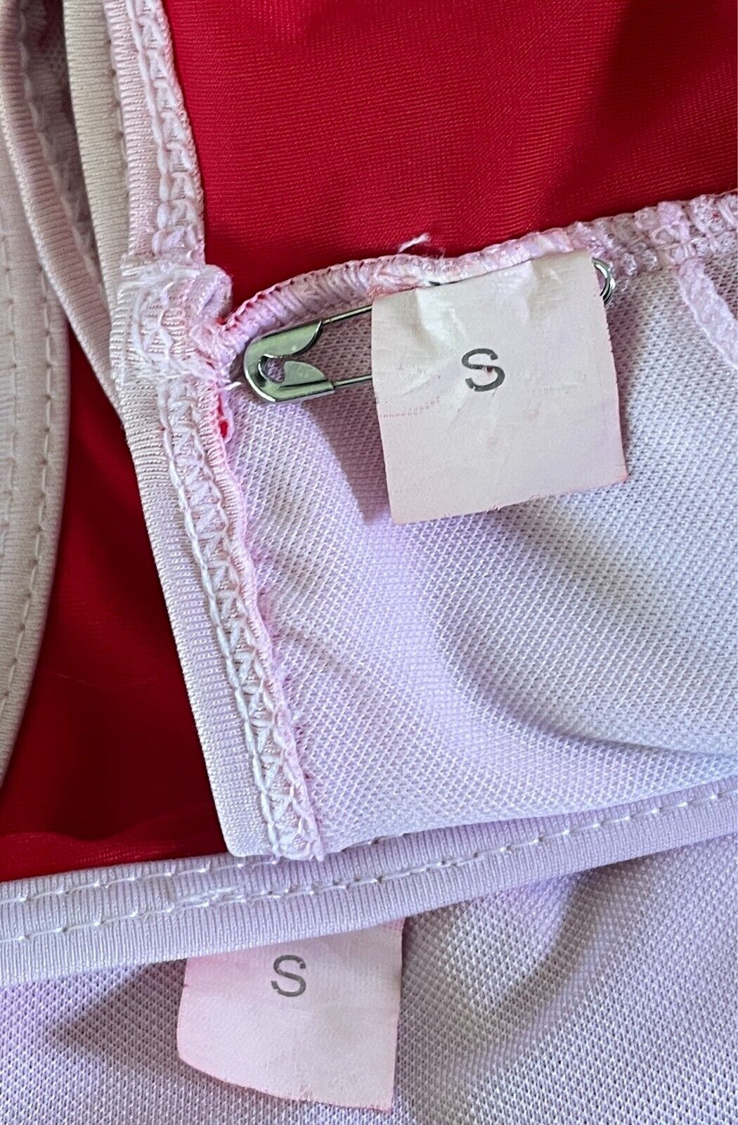 Bikini Set Red and Pink Trim Bralette Top & Cheeky Bikini Bottoms Size S Stretch