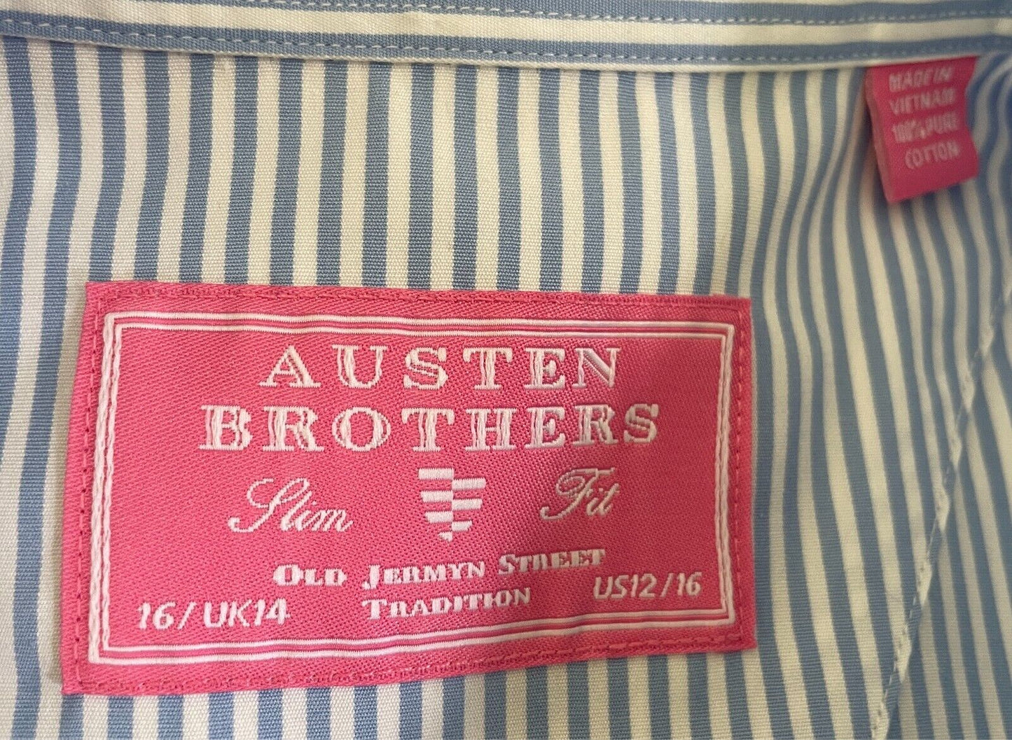 AUSTEN BROTHERS Shirt Blue & White Stripe Long Sleeve Size 14/16 Cotton Tailored