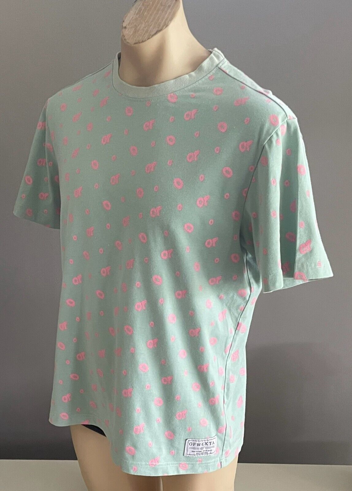 ODD FUTURE OF W GKTA T-Shirt All Over Donut Logo Print Mint & Pink Mens Size L