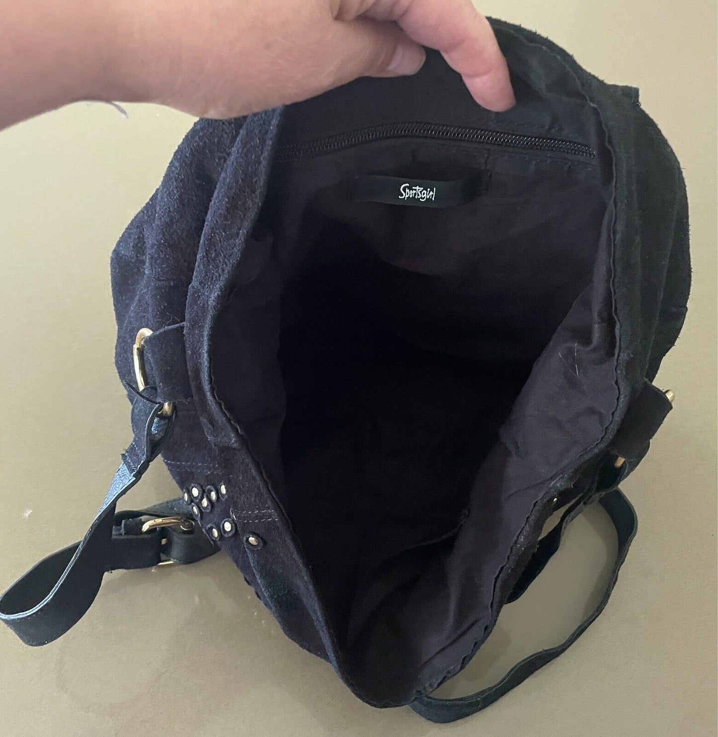 SPORTSGIRL Saddle Bag Black Suede Leather Shoulder Bag Gold Stud Trim
