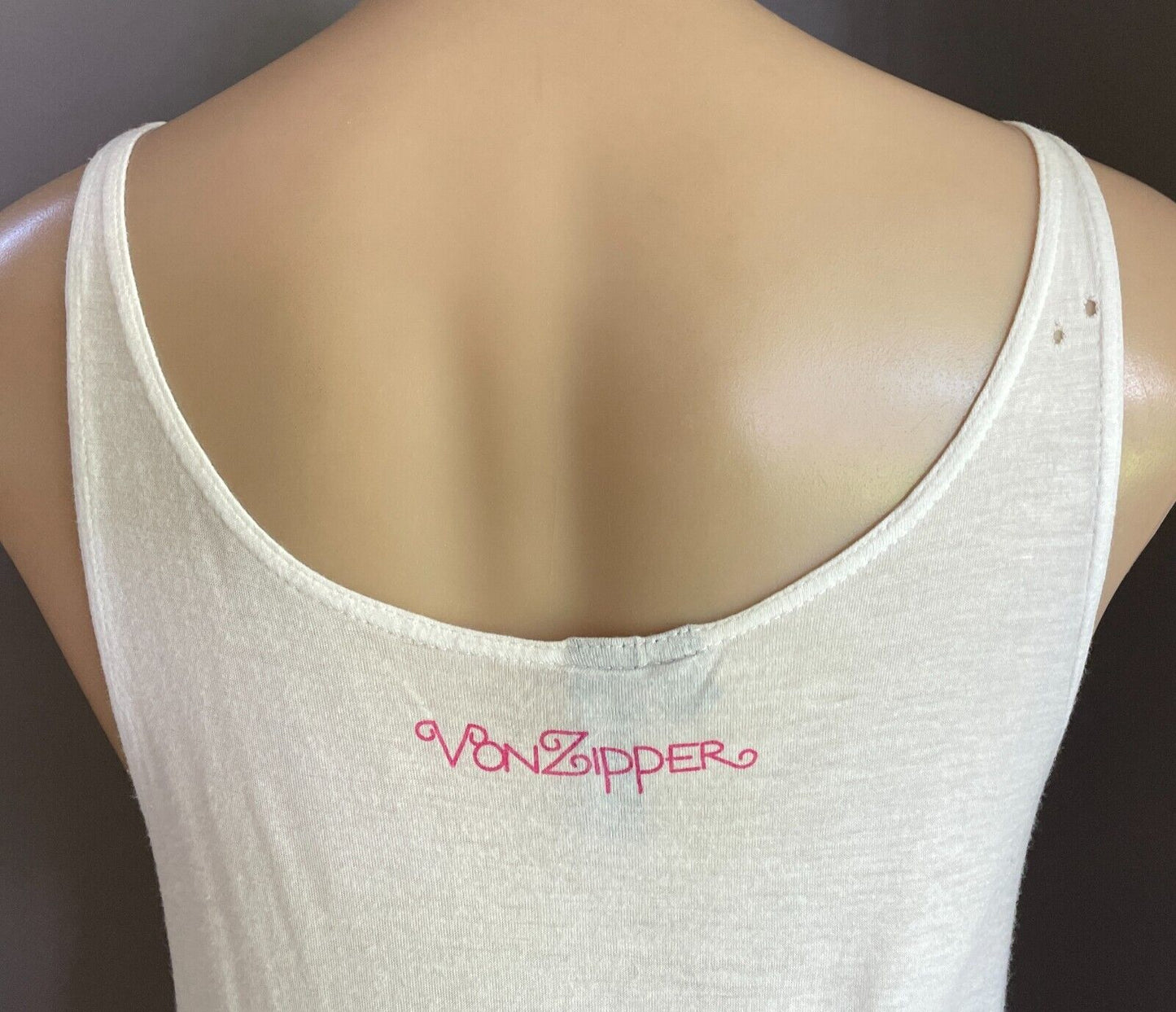 VON ZIPPER White Tank Top Sleeveless Graphic Print At Front Size 10 Small Holes