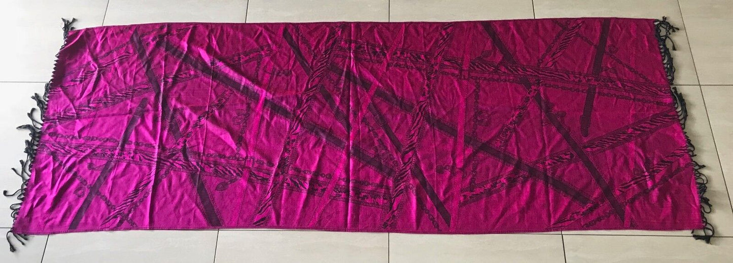 Reversible Ladies Shawl Scarf Cerise & Black Fringed Print Rectangle Red Pink