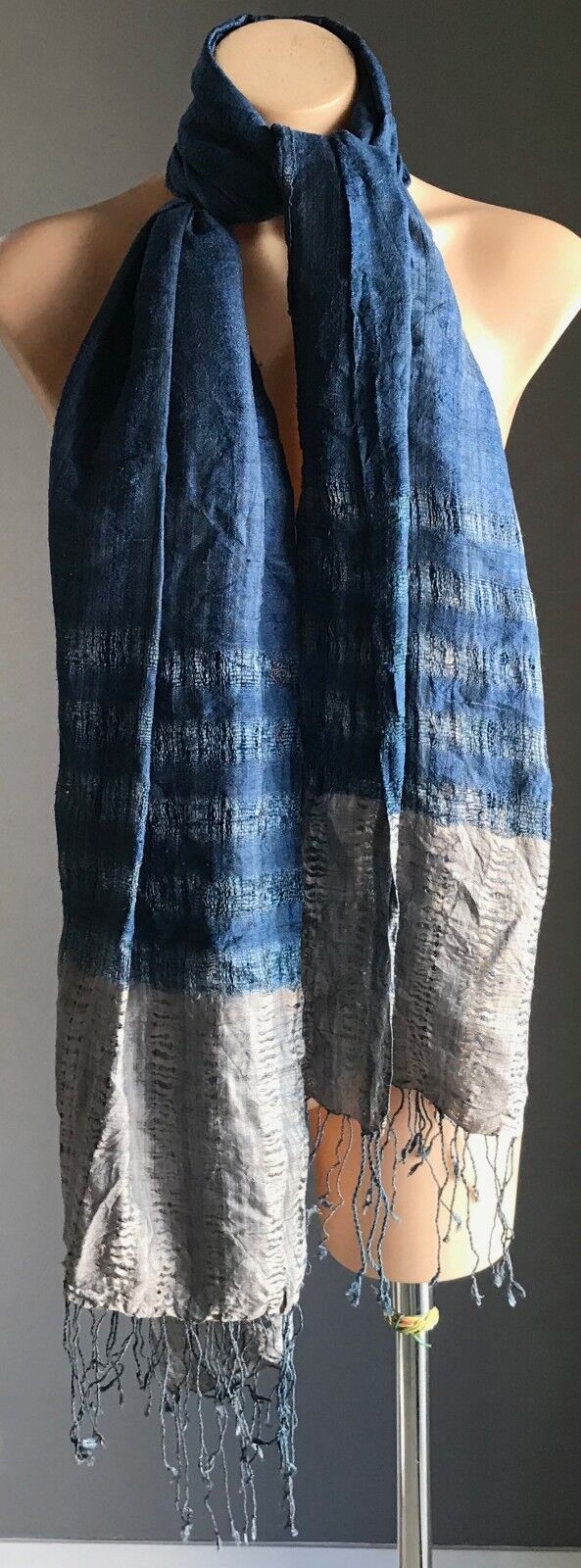 Boho Fringed Scarf Ladies Blue & Taupe Raw Silk Look & Feel Neck Wrap