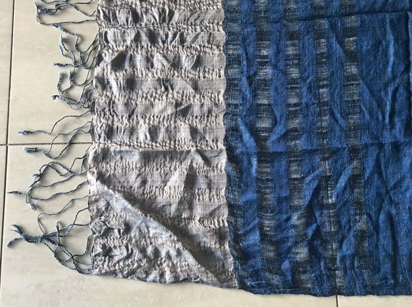 Boho Fringed Scarf Ladies Blue & Taupe Raw Silk Look & Feel Neck Wrap