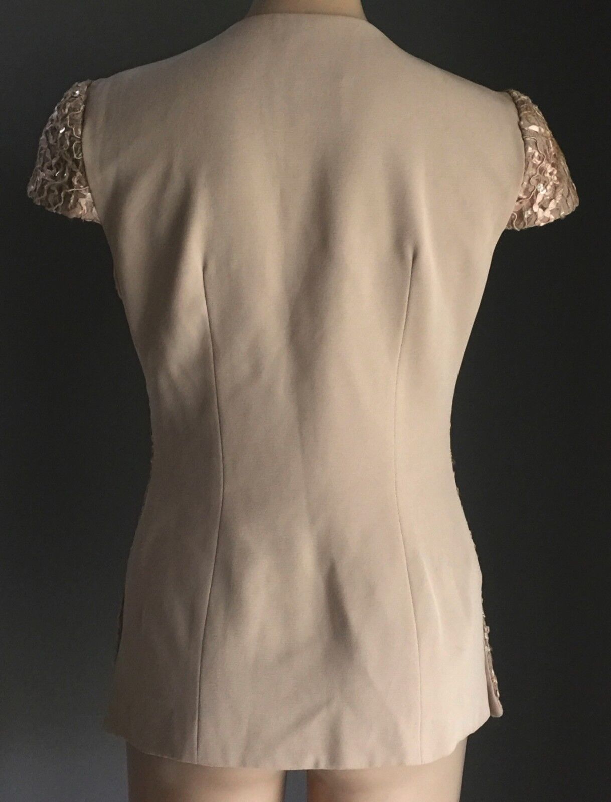 TEENA VARIGOS Jacket Beige Gold Cap Sleeve Sequin & Ribbon Size 10 Vintage Gem
