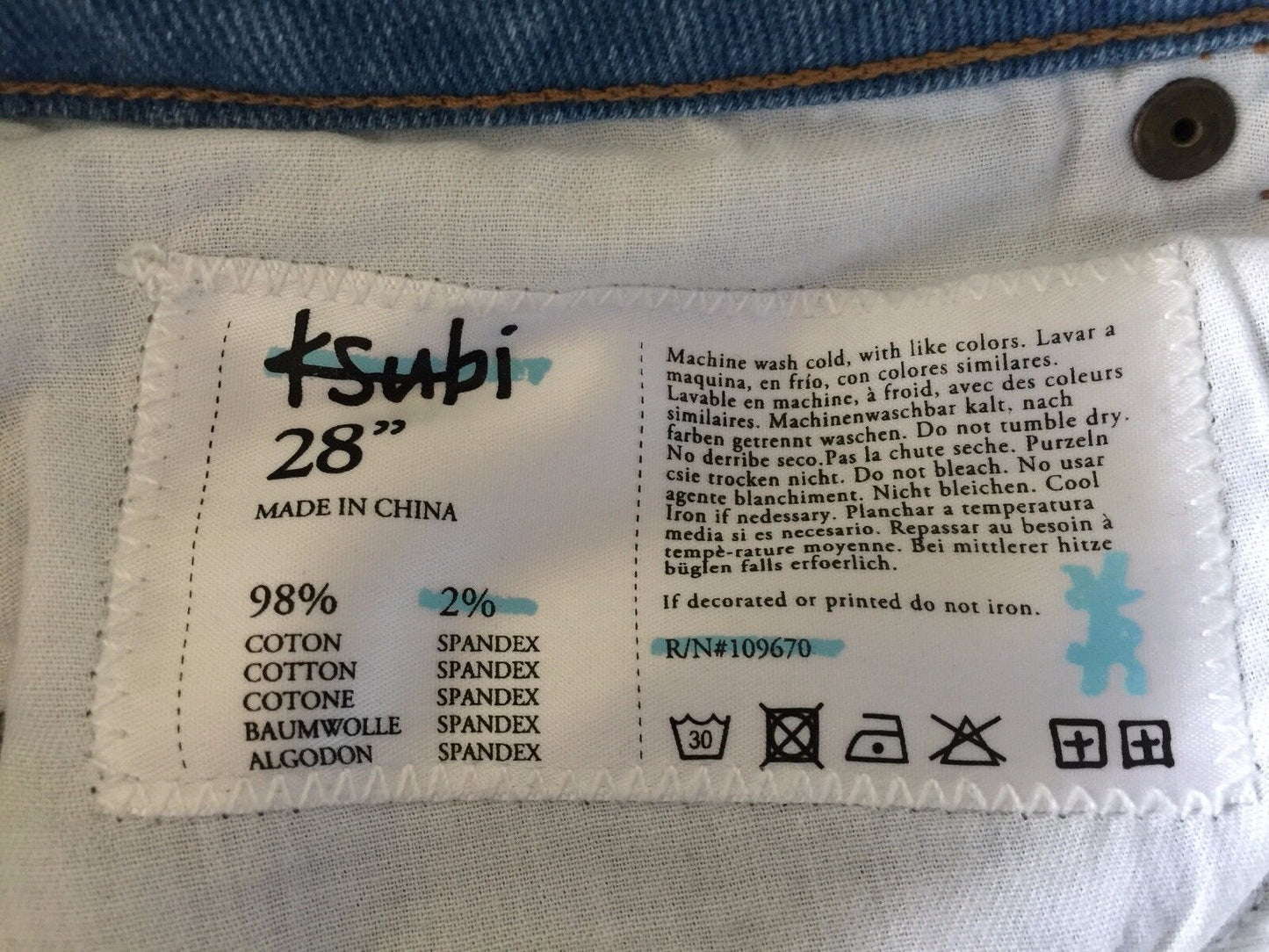 KSUBI Jeans Super Spray On Mottle Faded Denim Ladies 28 inch Size 10