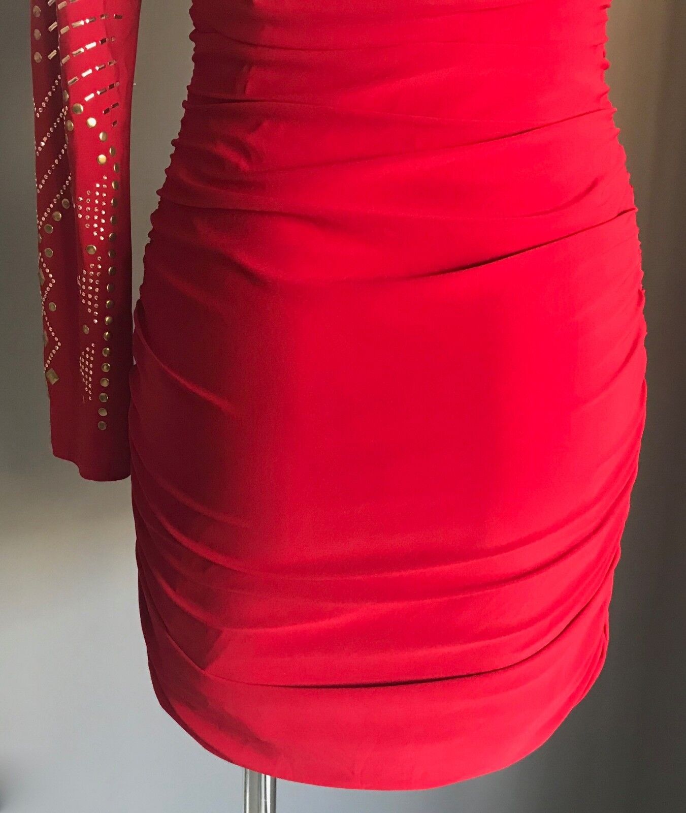 LIPSTICK Bodycon Dress Red Stretch One Shoulder Long Sleeve Ruche Size L 12
