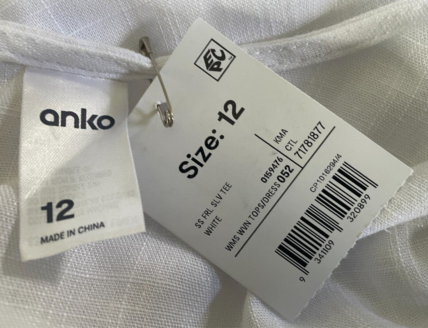 ANKO Top White Linen Blend Blouse Short Sleeves W Frill & Hem Size 12 NWT