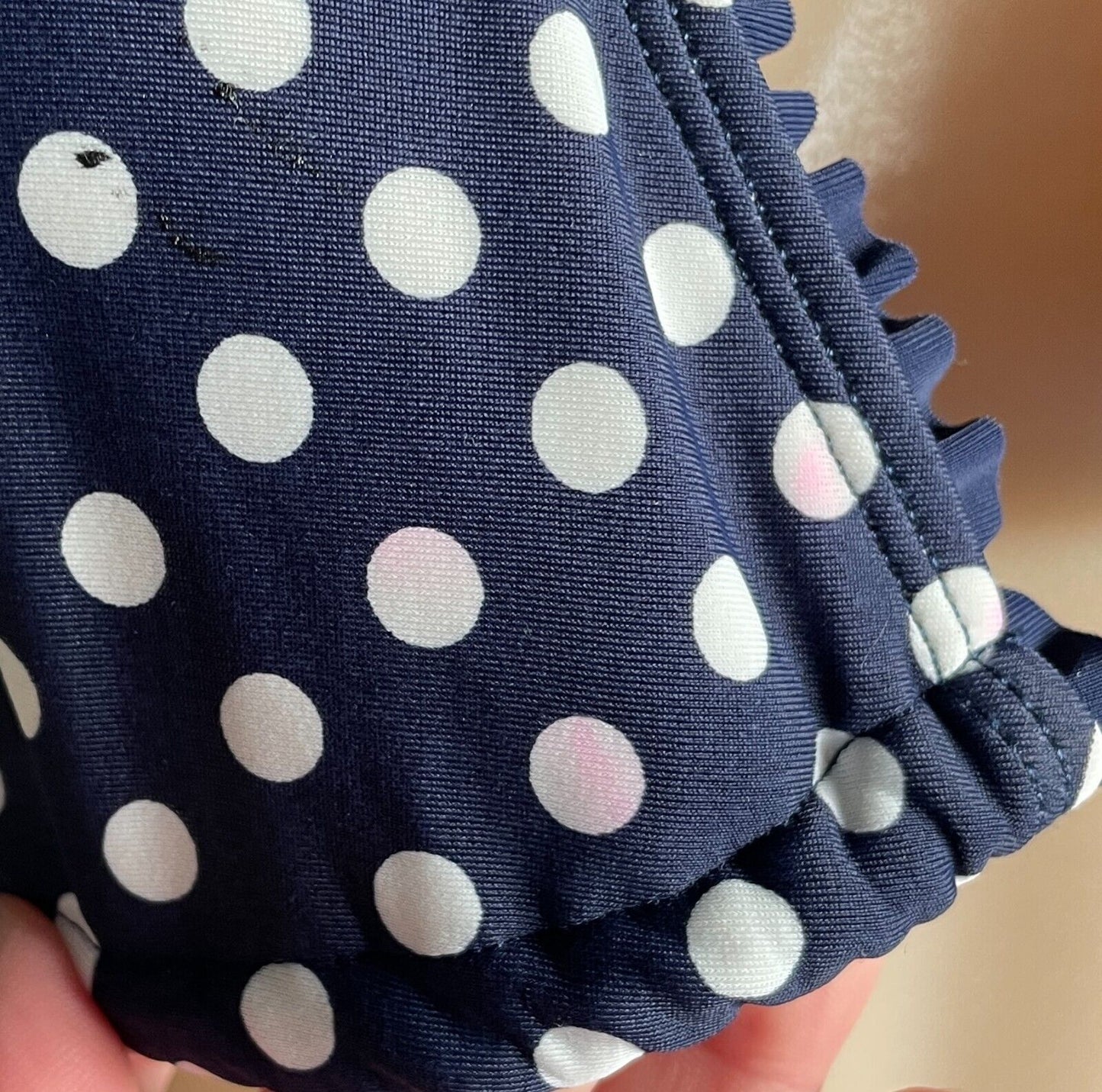 ALL ABOUT EVE Bikini Top Navy White Polka Dot Ruffle Triangle BRA ONLY Sz 12
