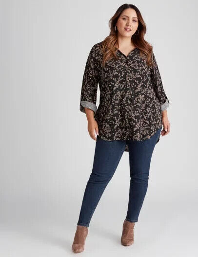 BEME Blouse Black Blush Pink Paisley Adjust Sleeve Hi Low Hem Top Plus Size 20