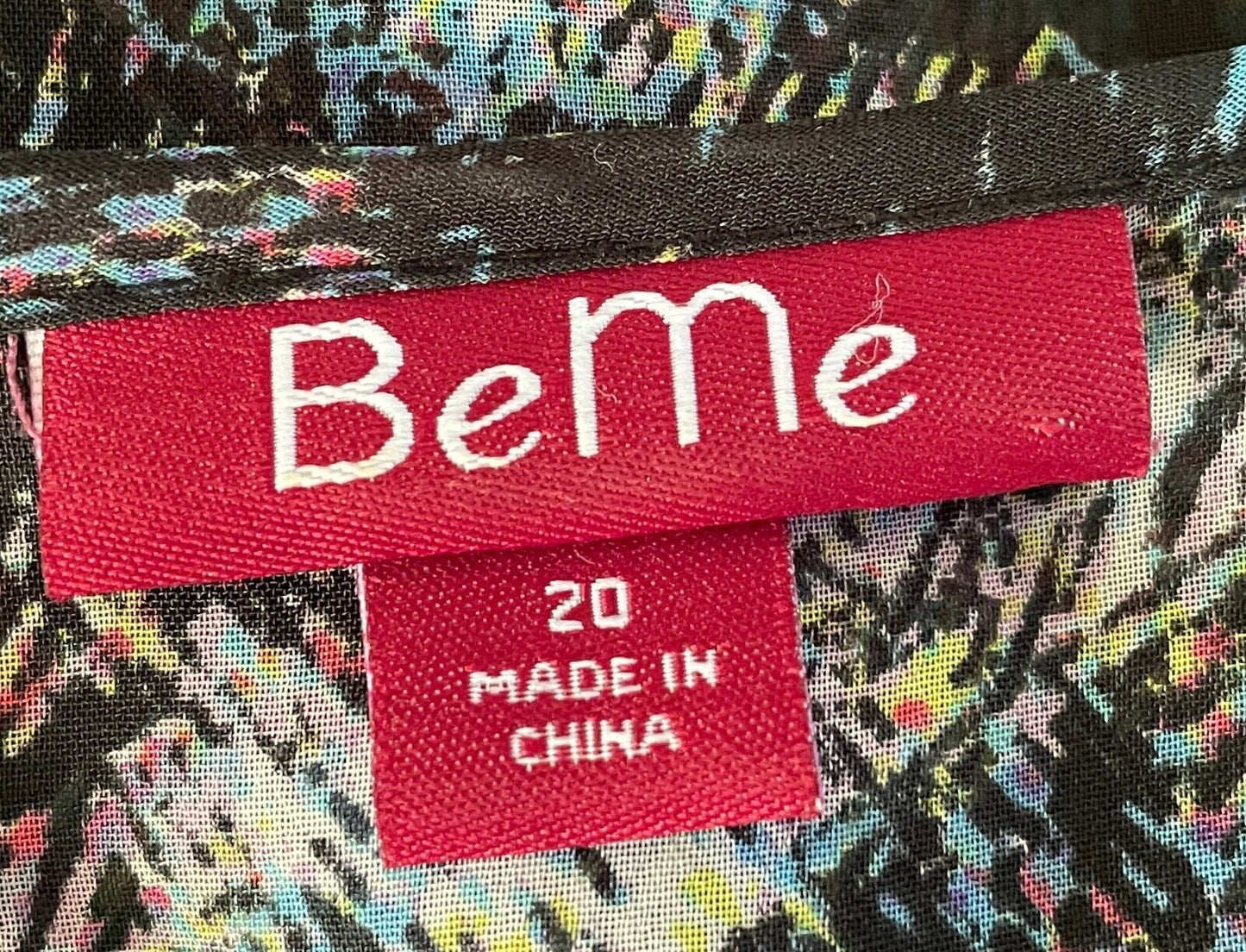 BEME Blouse Black Multicolour Print Semi Sheer Ruffle Flutter Sleeve Top Size 20