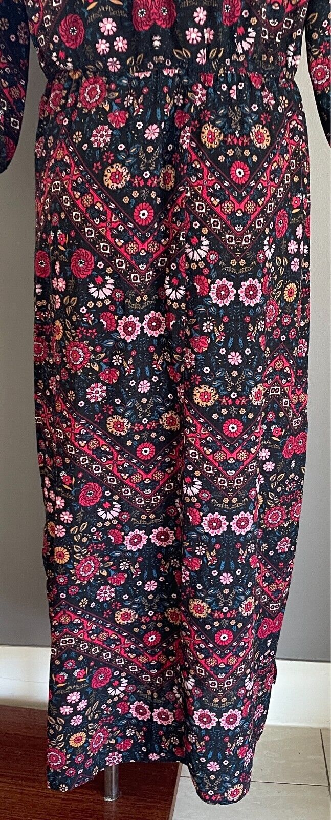 Boho Maxi Dress Black & Floral Print Size 14 Split At Sides 3/4 Sleeves