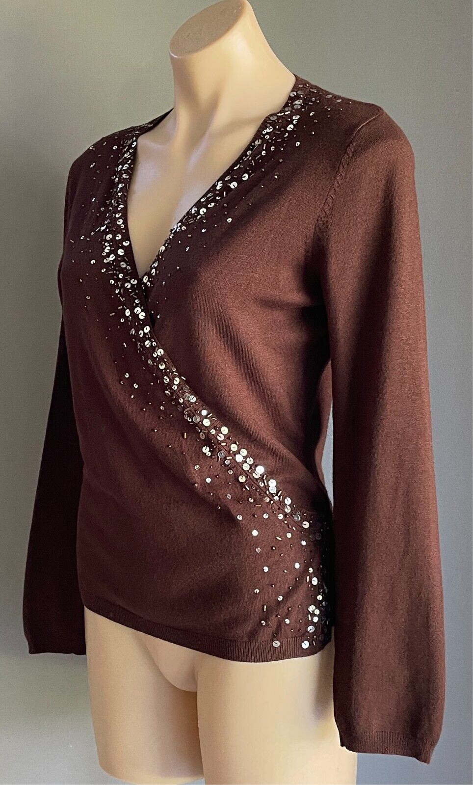 Wrap Tie Back Knit Brown Fine Stretch Knit Long Sleeve Size 10 Sequin Bead Trim