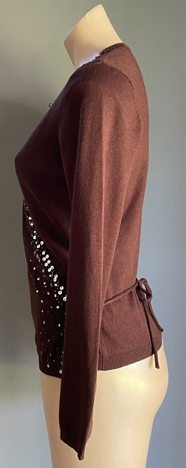 Wrap Tie Back Knit Brown Fine Stretch Knit Long Sleeve Size 10 Sequin Bead Trim