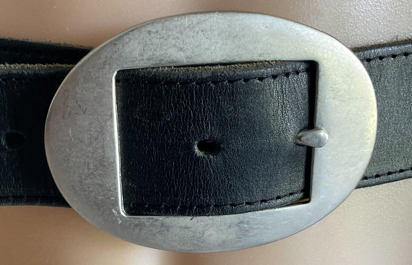 Black LEATHER Belt Large Oval Silver Tone Buckle To Fit Ladies Waist 79 - 92cm