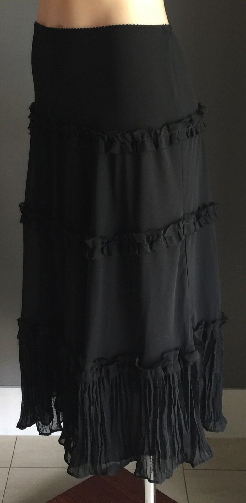 JOHNNY DEXTER Black Maxi Skirt Semi Sheer Tier Layer Ladies Size 10 Unique