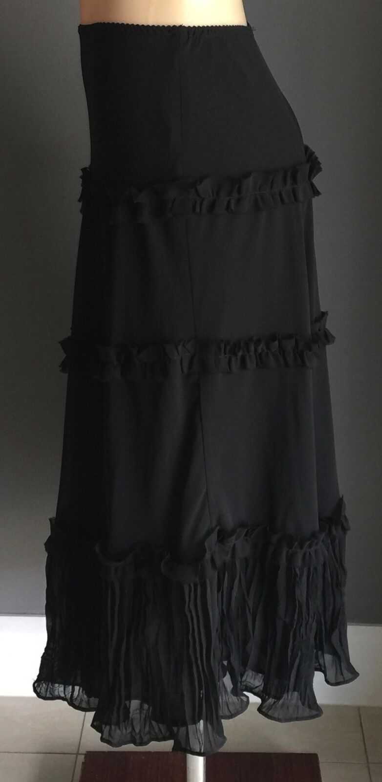 JOHNNY DEXTER Black Maxi Skirt Semi Sheer Tier Layer Ladies Size 10 Unique