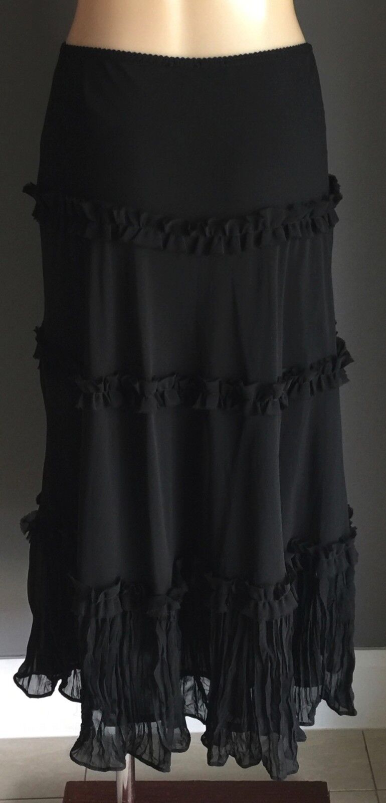 JOHNNY DEXTER Black Maxi Skirt Semi Sheer Tier Layer Ladies Size 10 Unique